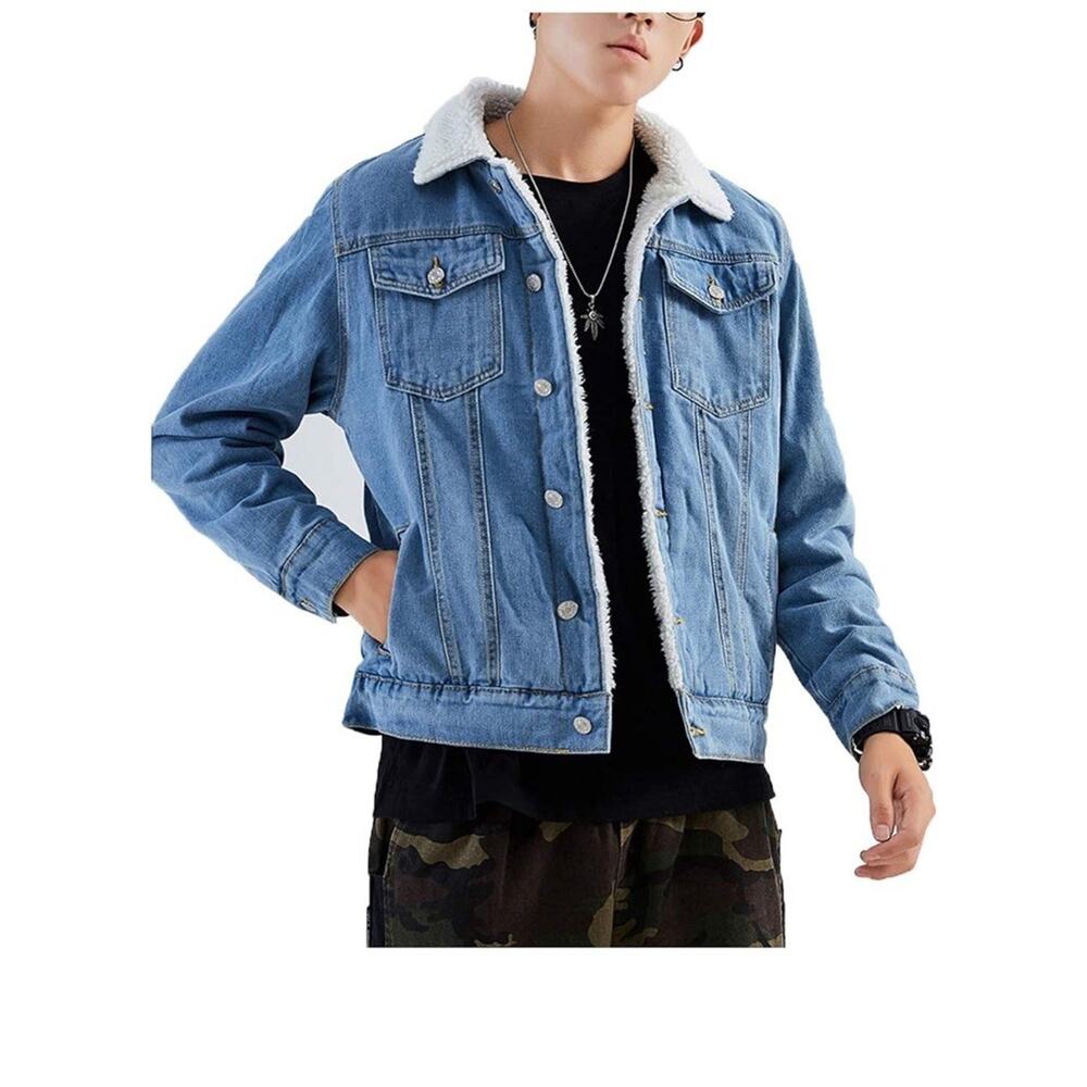 NWT Omoone Size Xsmall Sherpa Fleece White Lined Light Wash Denim Jacket